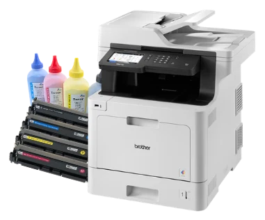 Printer with ink bottles and toner cartridges